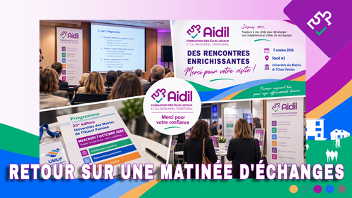 Visuel de remerciement UMOP 2026 présentant une salle de conférence, le stand AIDIL, le programme de l'événement, des espaces d'échanges professionnels et un message de gratitude adressé aux élus et collaborateurs territoriaux.